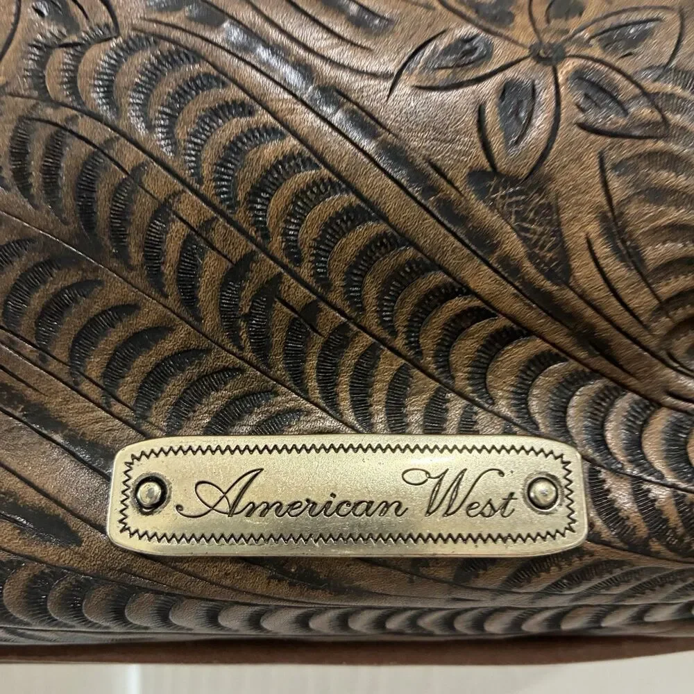American West Tooled Two Tone Brown Leather Shoulder Bag Purse Concealed Carry